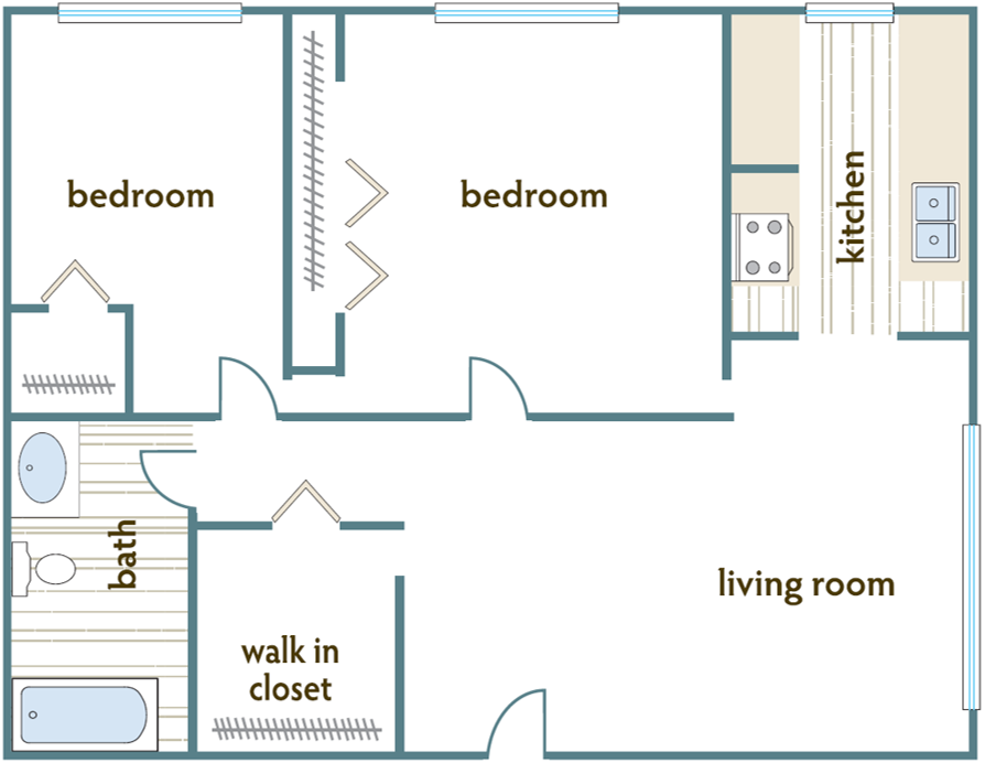 Floor plan for 2 beds, 1 bath, 780 sqft